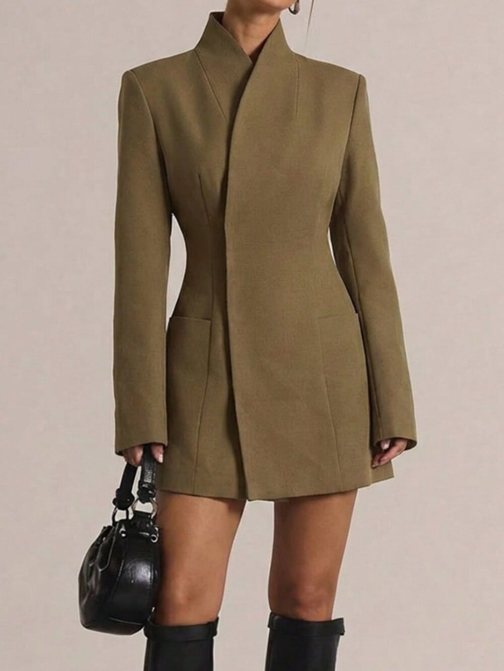 Green Elegant Women's Cinched Waist Funnel Neck Long Sleeve Blazer Dress